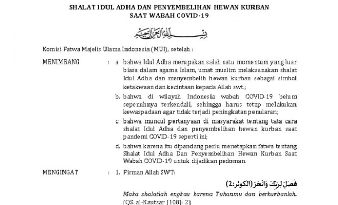 Fatwa Majelis Ulama Indonesia Mengenai Sholat Idul Adha Dan Penyembelihan Hewan Qurban Dimasa Pandemi Covid-19 Ini