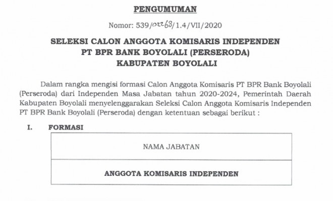 Seleksi Calon Anggota Komisaris Independen PT. BPR BANK BOYOLALI