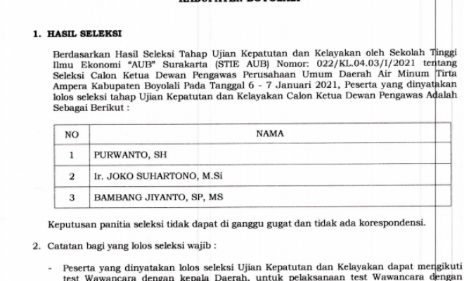 HASIL SELEKSI UJIAN KEPATUTAN DAN KELAYAKAN CALON KETUA DEWAN PENGAWAS PERUSAHAAN UMUM DAERAH AIR MINUM TIRTA AMPERA KABUPATEN BOYOLALI