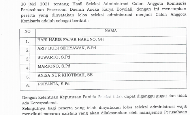 HASIL SELEKSI ADMINISTRASI CALON ANGGOTA KOMISARIS PERUSAHAAN PERSEROAN DAERAH ANEKA KARYA KABUPATEN BOYOLALI