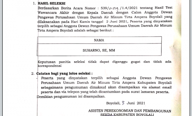 HASIL SELEKSI TEST WAWANCARA AKHIR CALON ANGGOTA DEWAN PENGAWAS PERUSAHAAN UMUM DAERAH AIR MINUM TIRTA AMPERA