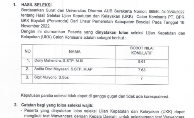 HASIL UKK SELEKSI KOMISARIS PT BKK  PERSERODA BOYOLALI 2022