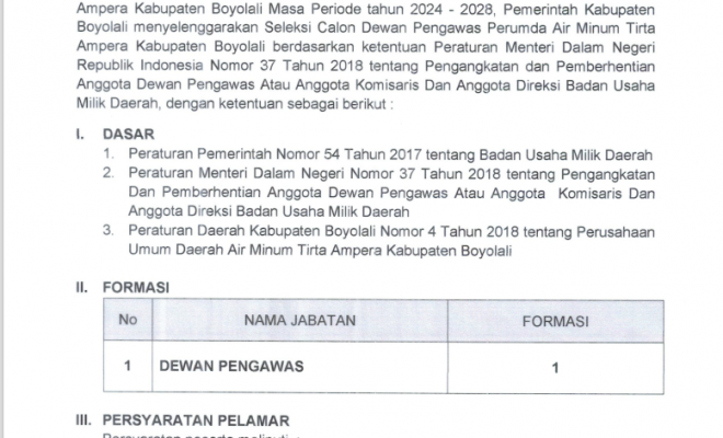 SELEKSI CALON DEWAN PENGAWAS PUDAM TIRTA AMPERA BOYOLALI 2024