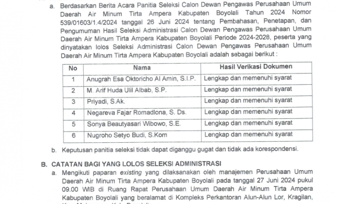 PENGUMUMAN HASIL SELEKSI ADMINISTRASI  CALON DEWAS PERUSAHAAN UMUM DAERAH AIR MINUM TIRTA AMPERA 2024-2028